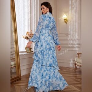 Floral Print lantern sleeve ruffle trim chiffon dress